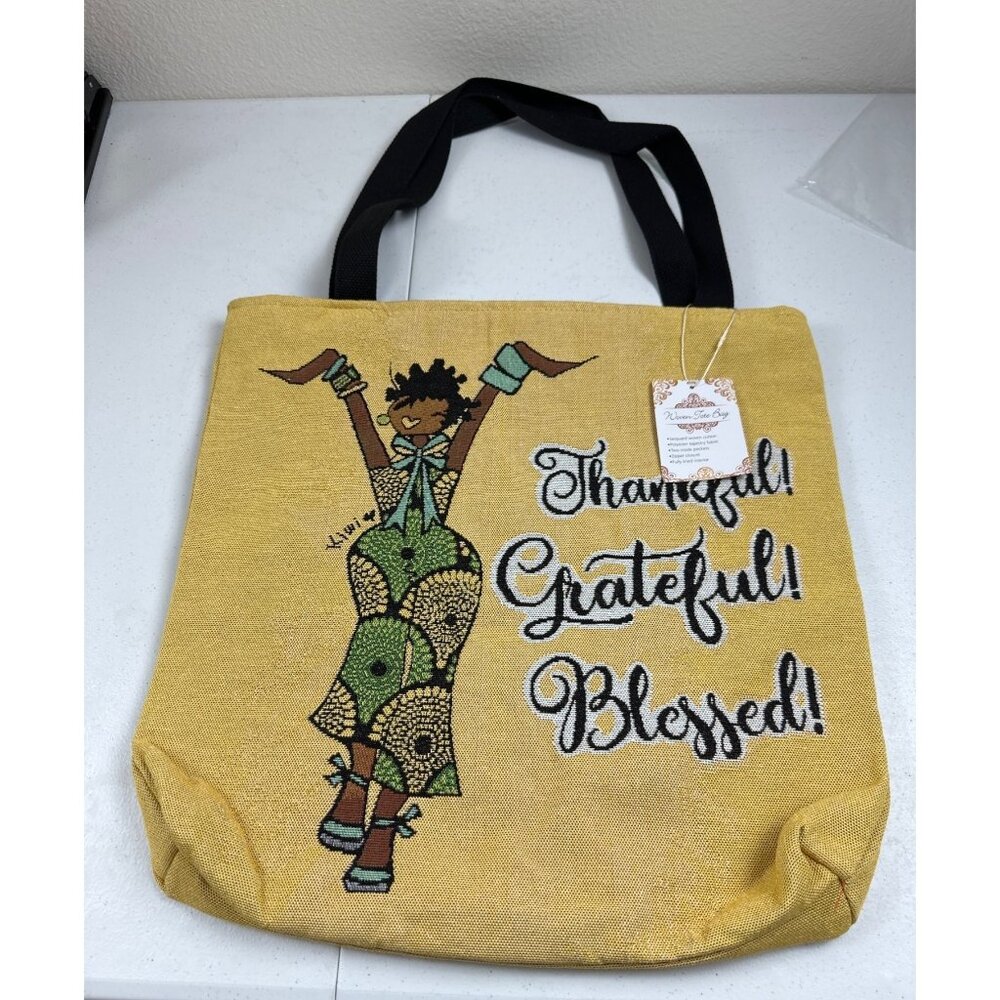 Thankful Grateful Blessed Tote Bag With Black Handles – Large   – Yellow & Black - Picture 4 of 11